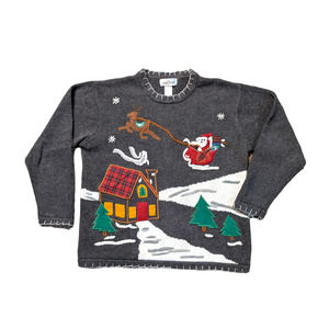 Vintage 90's Y2K Ugly Christmas‎ Sweater Grey Knit Ramie Cotton Blend Size Small